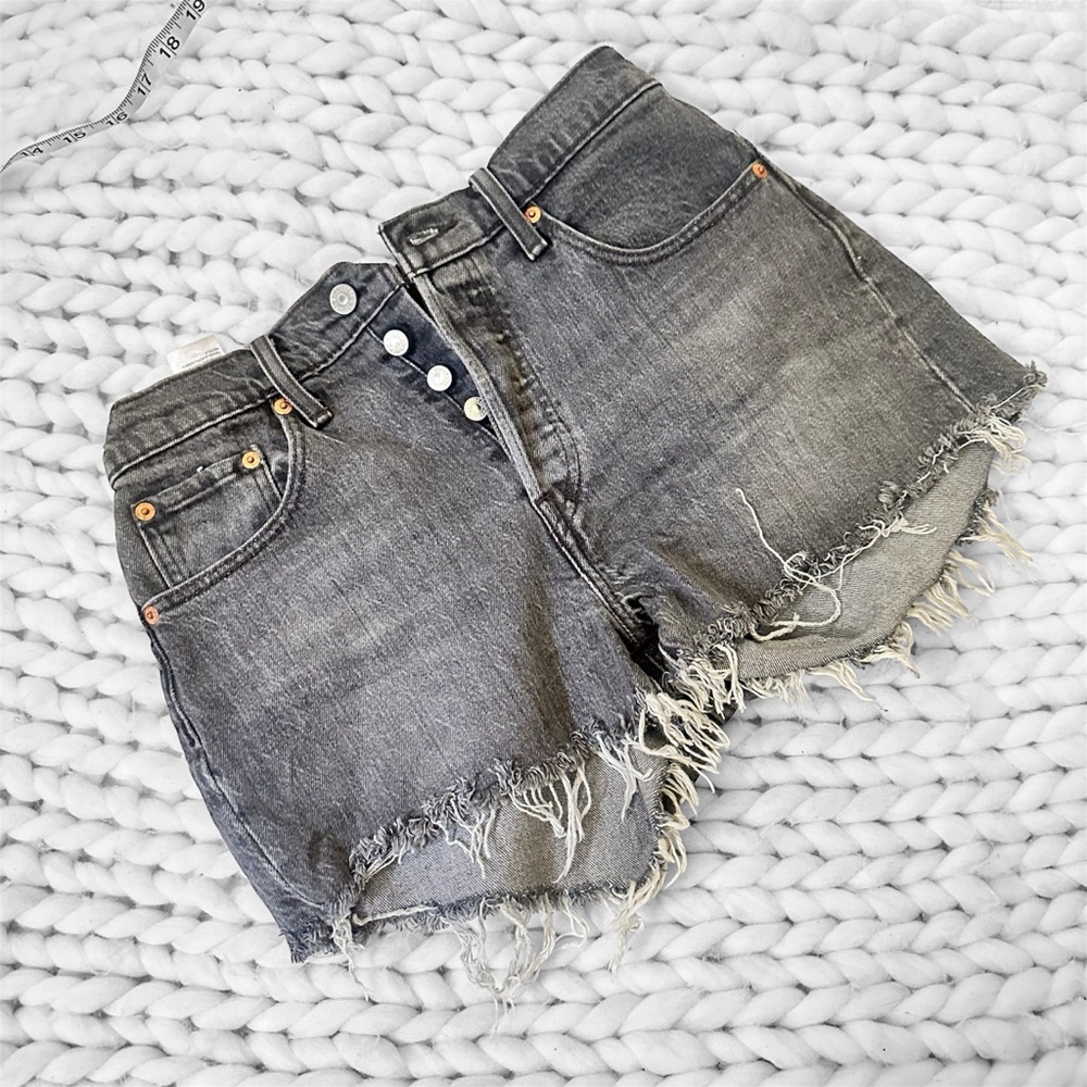 Levi's 501 Black washed Distresses High Rise Cut off Denim Jean Shorts size 27
